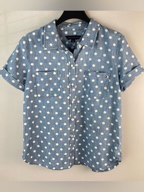 Tommy Hilfiger Womens Button Up Shirt Blue White Polka Dot Short Sleeve Sz M NWT